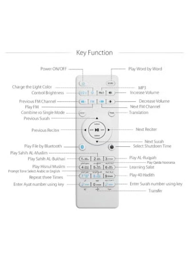 DUSALA Portable Touch Lamp Quran Speaker White – Wireless Islamic LED Lamp with Bluetooth Quran Audio Player – 18 Renowned Reciters – 14 Language Translations – Tafseer – MP3 Playback – APP + Remote Control – Rechargeable Night Light – Word-by-Word Quran Learning Speaker - Image 4