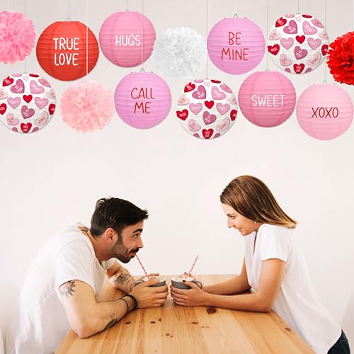 Renbuzhu 13PCS Valentines Day Decorations Pink Paper Lanterns Pom Poms Valentine’s Conversation Hearts Party Hanging Decor Supplies for Wedding Anniversary Office - Image 2