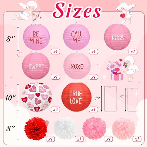 Renbuzhu 13PCS Valentines Day Decorations Pink Paper Lanterns Pom Poms Valentine’s Conversation Hearts Party Hanging Decor Supplies for Wedding Anniversary Office - Image 3