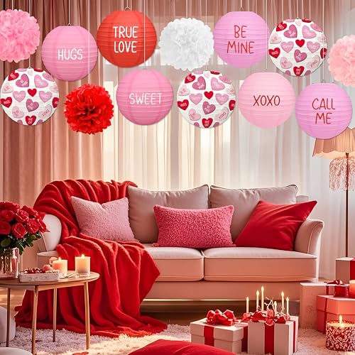 Renbuzhu 13PCS Valentines Day Decorations Pink Paper Lanterns Pom Poms Valentine’s Conversation Hearts Party Hanging Decor Supplies for Wedding Anniversary Office - Image 5