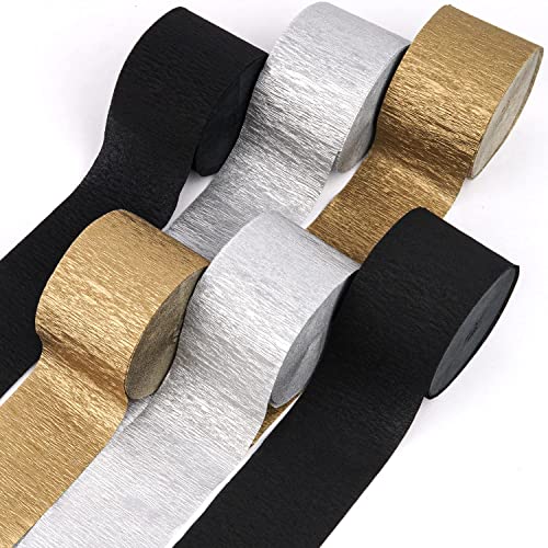 Captain Decor 6 Black and Gold Streamers with Silver 492ft Pack of Crepe Paper Streamers for Party Decorations Birthday Streamers 18 inch x 82 ftRoll - Image 1