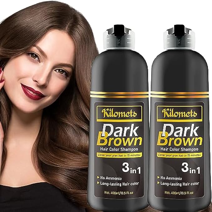 KILOMETS DARK BROWN HAIR COLOR SHAMPOO 400ML - PACK 2-100% GREY COVERAGE IN MINUTES- AMMONIA FREE HAIR COLOR SHAMPOO- INSTANT COLORING AT HOME GIFT FOR HER FOR HIM - Image 1