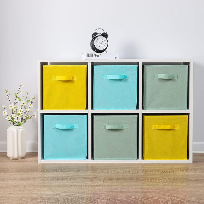 Stero 13x13x13 Inch Fabric Storage Bins 6 Pack Fun Colored Storage Cubes with Handles Foldable Cube Baskets for Home, Kids, Closet and Toys Organizer, Cyan, Green, Yellow - Image 4