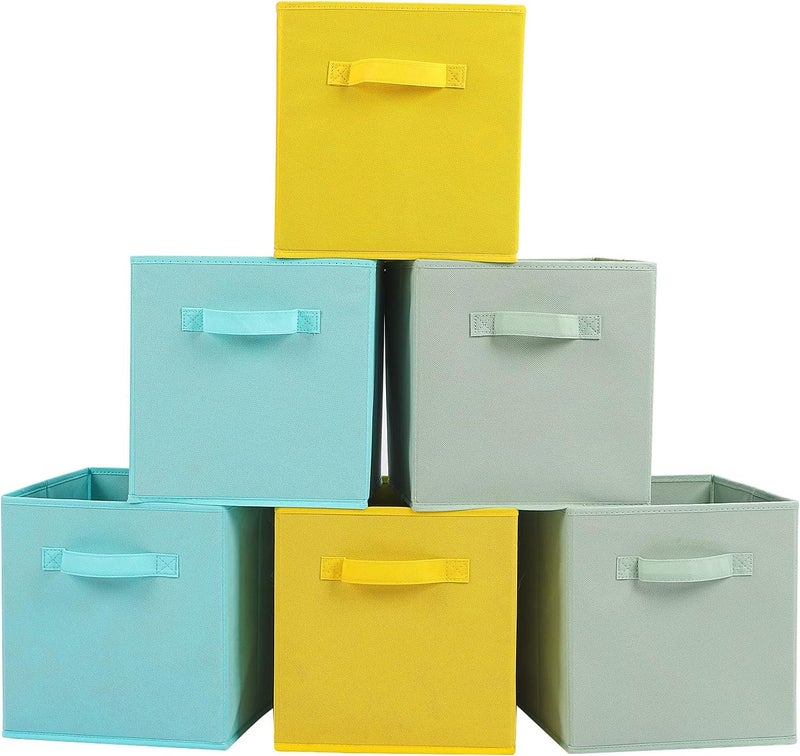 Stero 13x13x13 Inch Fabric Storage Bins 6 Pack Fun Colored Storage Cubes with Handles Foldable Cube Baskets for Home, Kids, Closet and Toys Organizer, Cyan, Green, Yellow - Image 1