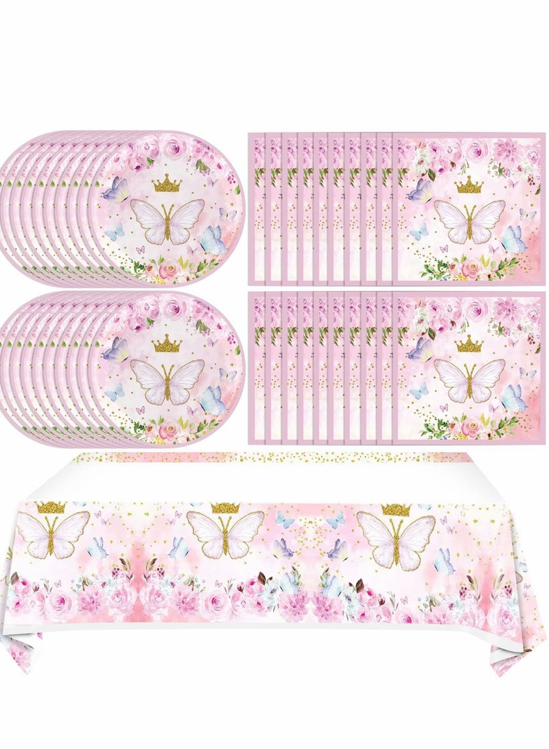 NIBEMINENT Butterfly Birthday Decorations, Spring Supply for 20 Guests, Plates Napkins and Themed Plastic Tablecloth Tableware Set Party Decorations - Image 1