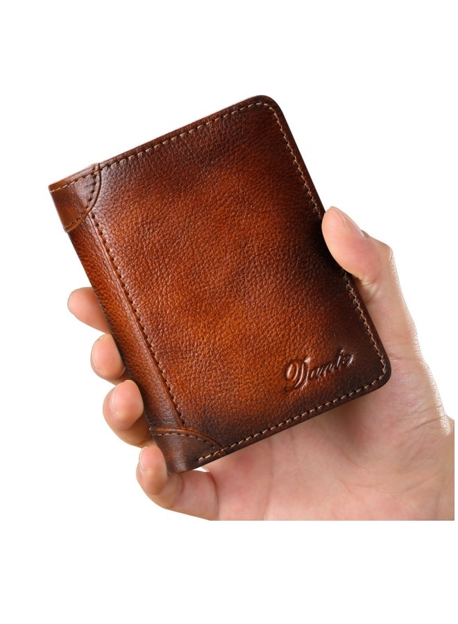 محفظة رجالية طبقة أولى من جلد البقر محفظة رجالية ثلاثية الجوانب RFID بطاقة مضادة للسرقة لون بني أصفر