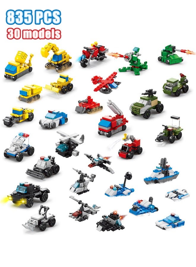 835PCS - 30 Models Building Brick Sets, Fire Truck Building Set - City Police Car Building Toys - Engineering Cars Building Brick Sets - Car Army Tank Toys, 3D Boys and Girls Mini Building Toys for - Image 1