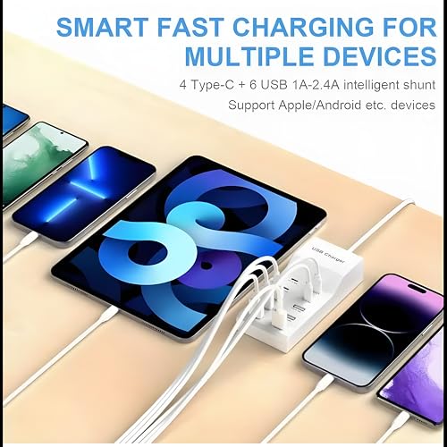 COOLCOLD Charging Station | Type c + USB Charger Hub | Portable 10 Port (4-Ports USB-C and 6 Port of USB-A) Dock for Multiple Devices Phones Tablet Smartwatch Headphones Speakers (White) - Image 5