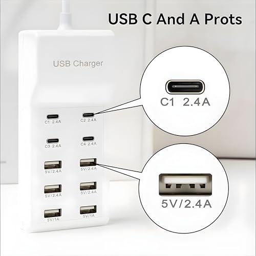 COOLCOLD Charging Station | Type c + USB Charger Hub | Portable 10 Port (4-Ports USB-C and 6 Port of USB-A) Dock for Multiple Devices Phones Tablet Smartwatch Headphones Speakers (White) - Image 2