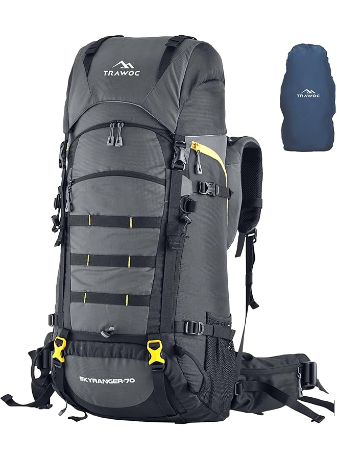 Trawoc حقيبة ظهر للتخييم بسعة 70 لتر مع إطار داخلي للرجال والنساء، حقيبة سفر، تحميل من الأمام ومن الأعلى، غطاء مطري مقاوم للماء، قسم للأحذية، Bhk011 - Image 1
