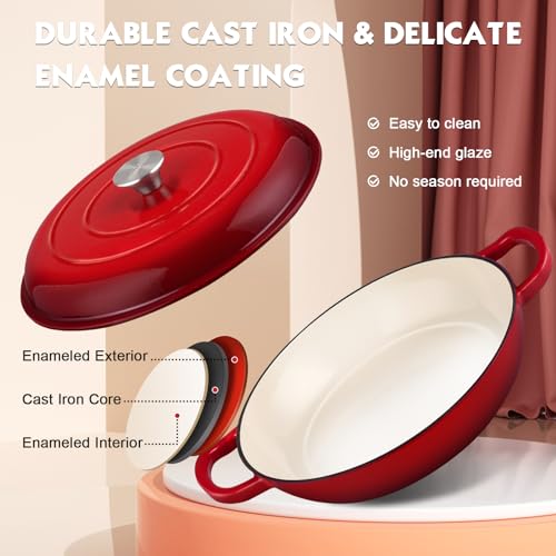 Overmont Enameled Cast Iron Dutch Oven - 3.8 Quart Dutch Oven Pot with Lid - Shallow Cookware Braising Pan - Cast iron Casserole with Cookbook & Heat-resistant Caps - Oven Safe up to 500° F - Image 2