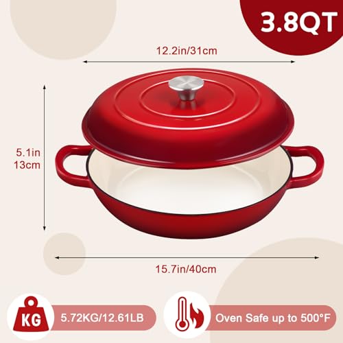 Overmont Enameled Cast Iron Dutch Oven - 3.8 Quart Dutch Oven Pot with Lid - Shallow Cookware Braising Pan - Cast iron Casserole with Cookbook & Heat-resistant Caps - Oven Safe up to 500° F - Image 4