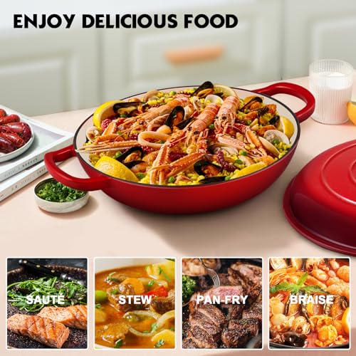 Overmont Enameled Cast Iron Dutch Oven - 3.8 Quart Dutch Oven Pot with Lid - Shallow Cookware Braising Pan - Cast iron Casserole with Cookbook & Heat-resistant Caps - Oven Safe up to 500° F - Image 5