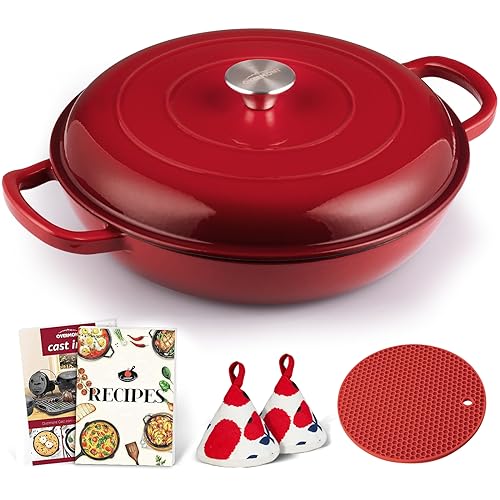 Overmont Enameled Cast Iron Dutch Oven - 3.8 Quart Dutch Oven Pot with Lid - Shallow Cookware Braising Pan - Cast iron Casserole with Cookbook & Heat-resistant Caps - Oven Safe up to 500° F - Image 1