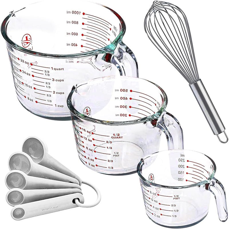 Le'raze Set of 3 Glass Measuring Cups with Measuring Spoons & Whisk - Kitchen Mixing Bowl Liquid Measure Cup, Glass Tupperware Bakeware. 1 cup, 2 cup, 4 cup. - Image 1