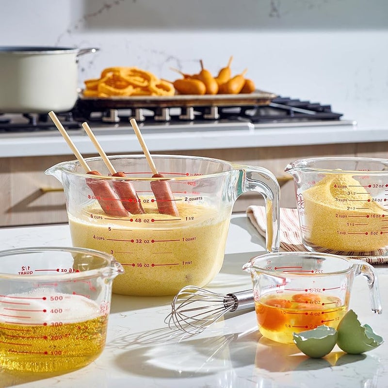 Le'raze Set of 3 Glass Measuring Cups with Measuring Spoons & Whisk - Kitchen Mixing Bowl Liquid Measure Cup, Glass Tupperware Bakeware. 1 cup, 2 cup, 4 cup. - Image 4