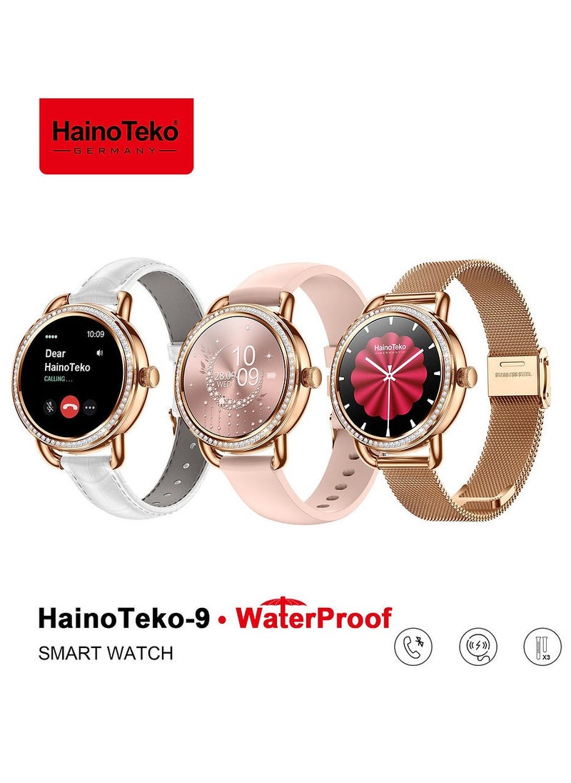 Haino Teko HainoTeko-9 Round Shape AMOLED Display Waterproof Smartwatch With 3 Pair Straps and Charging Cable Designed for Ladies Gold  - Image 1