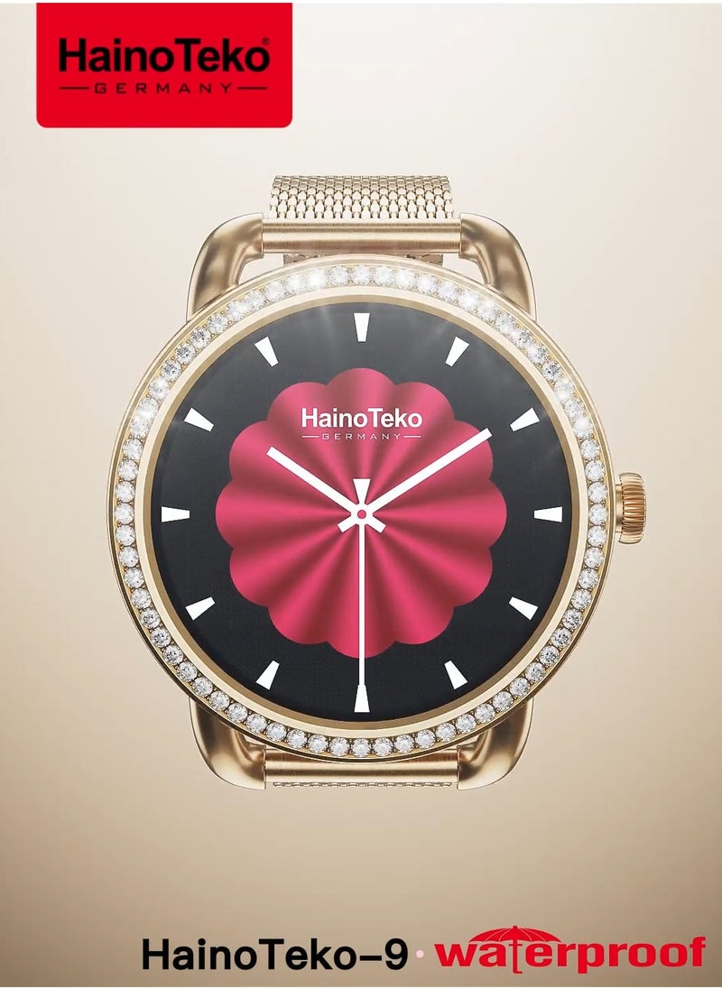 Haino Teko HainoTeko-9 Round Shape AMOLED Display Waterproof Smartwatch With 3 Pair Straps and Charging Cable Designed for Ladies Gold  - Image 2