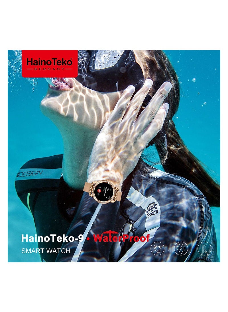 Haino Teko HainoTeko-9 Round Shape AMOLED Display Waterproof Smartwatch With 3 Pair Straps and Charging Cable Designed for Ladies Gold  - Image 4