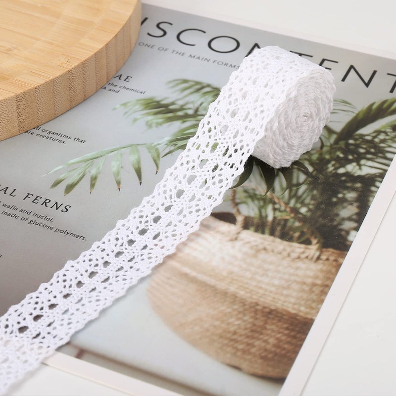 HERZWILD 21 Yards White Cotton Lace Trim Crochet Lace Ribbon Vintage Ribbons Fabric Decorative for Sewing Craft DIY Scrapbooking Dollies Wedding Supply20m White