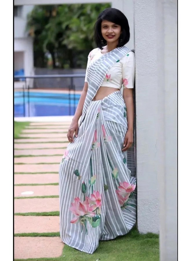 Designer Floral Print Saree with Crop Top, Grey and White Striped Pattern, Pink Lotus Design  - Image 4
