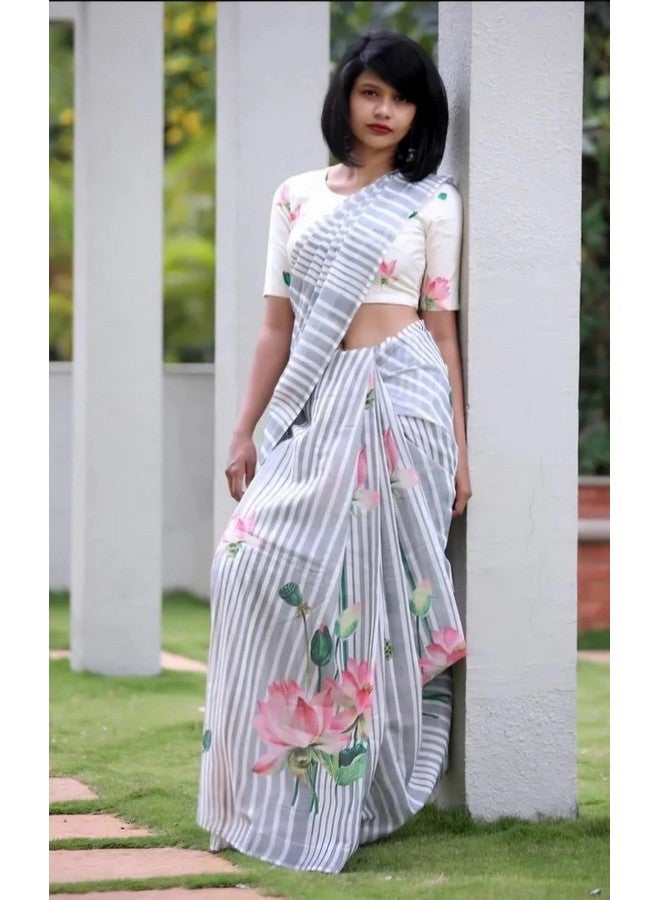 Designer Floral Print Saree with Crop Top, Grey and White Striped Pattern, Pink Lotus Design  - Image 5