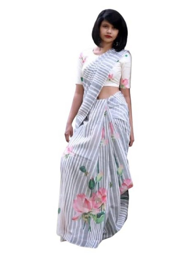 Designer Floral Print Saree with Crop Top, Grey and White Striped Pattern, Pink Lotus Design  - Image 1