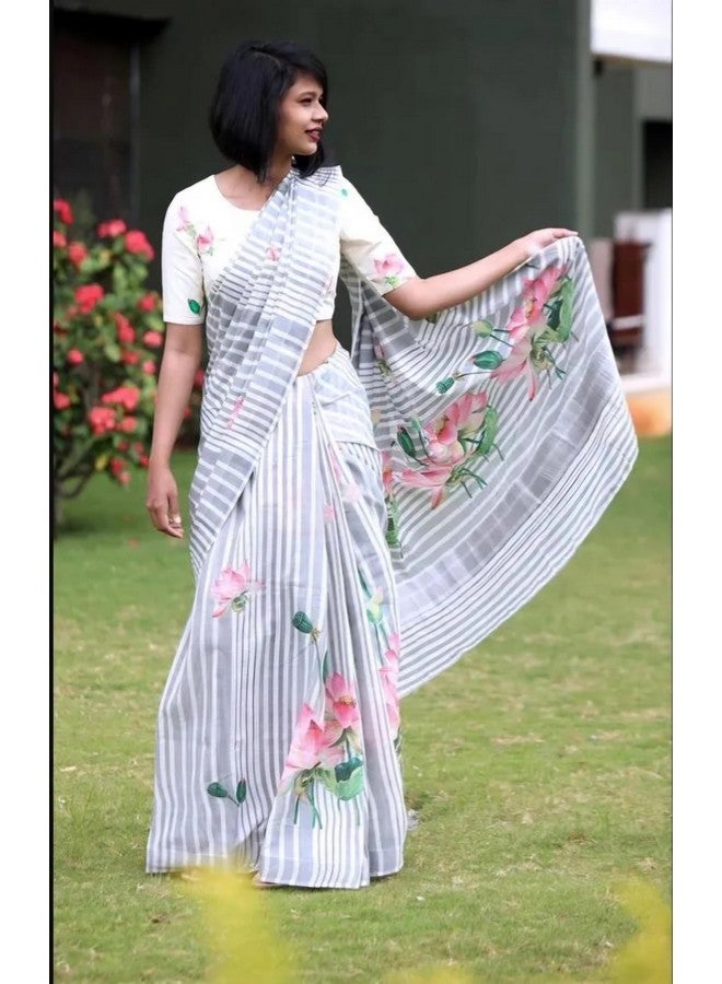 Designer Floral Print Saree with Crop Top, Grey and White Striped Pattern, Pink Lotus Design  - Image 2
