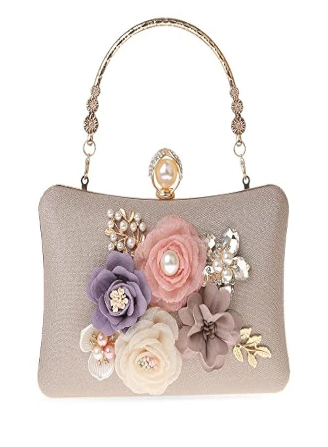 RKROUCO Women's Flower Evening Clutch Bag - Multicolor Flower Handbag with Satin, Champagne - Image 1