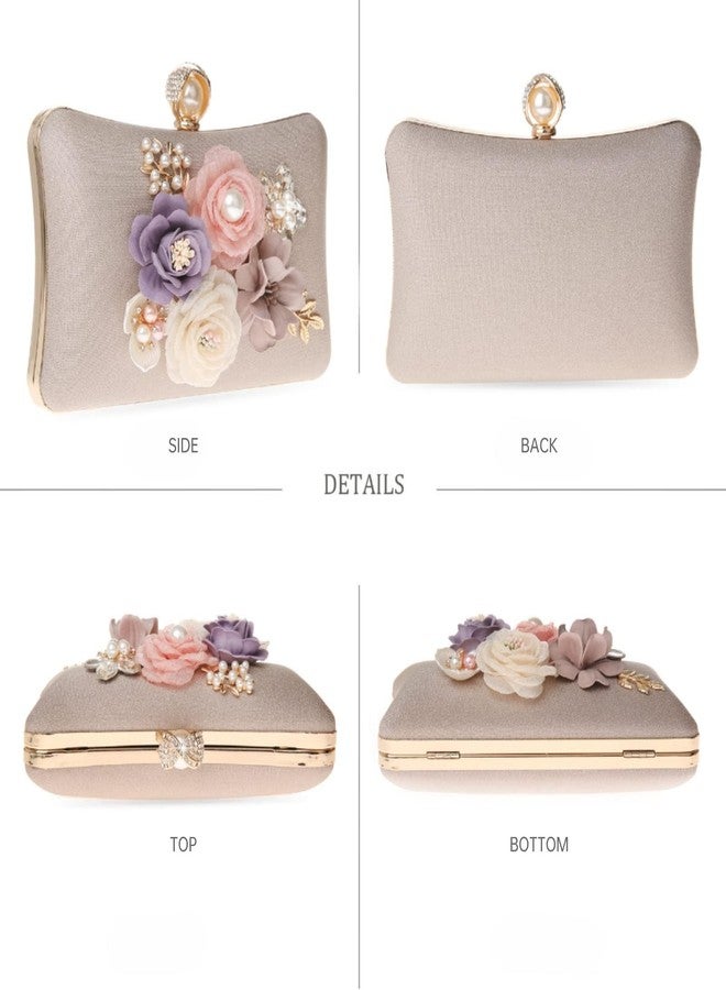RKROUCO Women's Flower Evening Clutch Bag - Multicolor Flower Handbag with Satin, Champagne - Image 5
