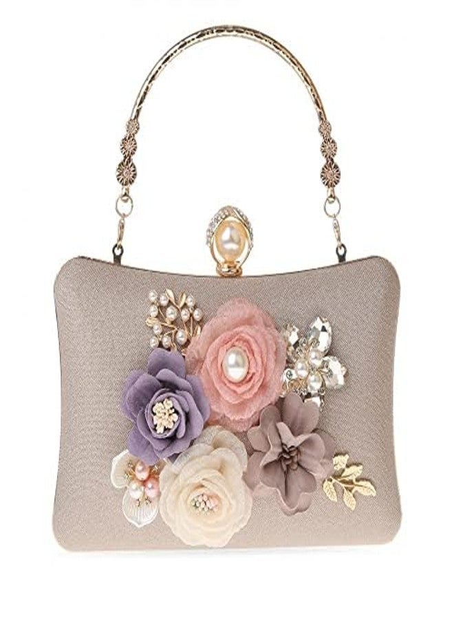 RKROUCO Women's Flower Evening Clutch Bag - Multicolor Flower Handbag with Satin, Champagne - Image 2
