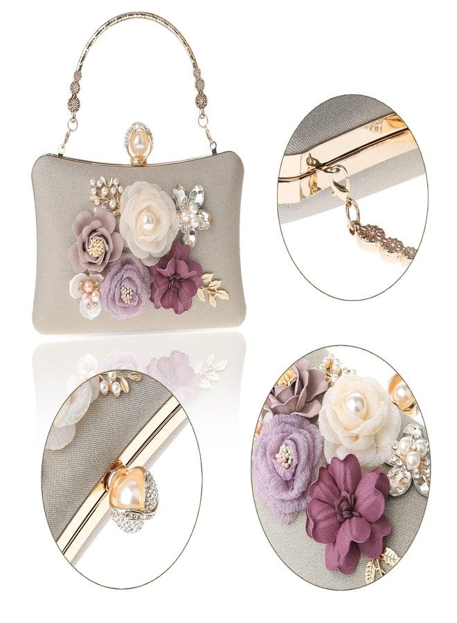 RKROUCO Women's Flower Evening Clutch Bag - Multicolor Flower Handbag with Satin, Champagne - Image 3