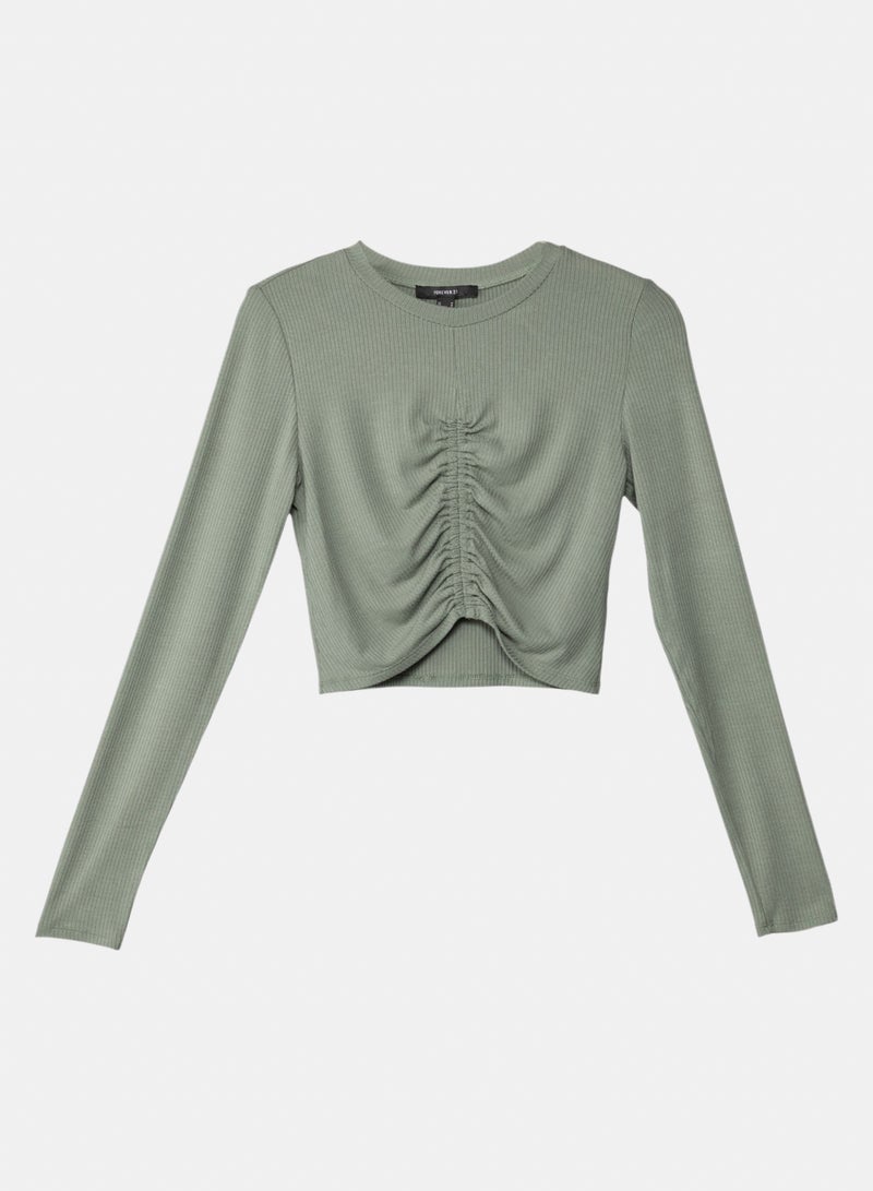 FOREVER 21 Ribbed Ruched Front Long Sleeve Crop Top - Image 1