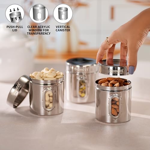 Sumeet Stainless Steel Small Containers/Jars/Dabba for Kitchen Storage with See Through Window - set of 3Pcs, 310ml capacity each, 7.3cm Dia, Silver - Image 3