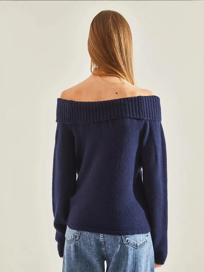 Bianco Lucci Navy Blue LUCCI Textured Knitwear Sweater with Madonna Collar for Women | Best Price UAE