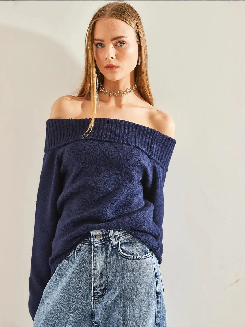 Bianco Lucci Navy Blue LUCCI Textured Knitwear Sweater with Madonna Collar for Women | Best Price UAE
