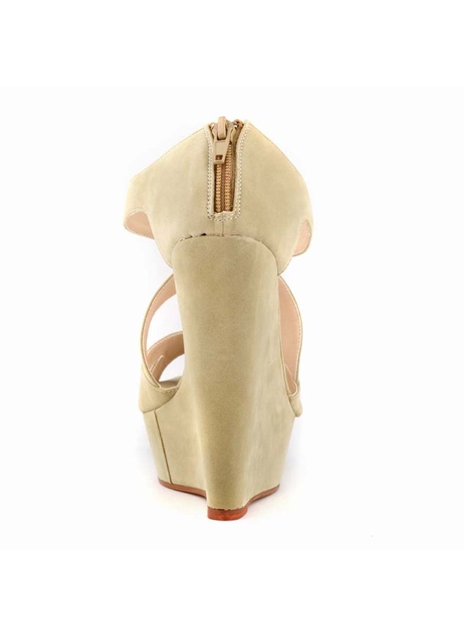 Loquat Flannel wedge high-heel hollow women's sandals 14cm Nude  - Image 2