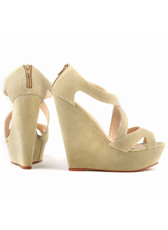 Loquat Flannel wedge high-heel hollow women's sandals 14cm Nude  - Image 4