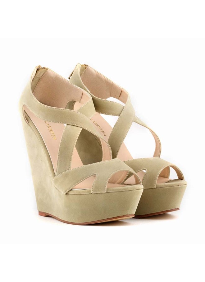 Loquat Flannel wedge high-heel hollow women's sandals 14cm Nude  - Image 5