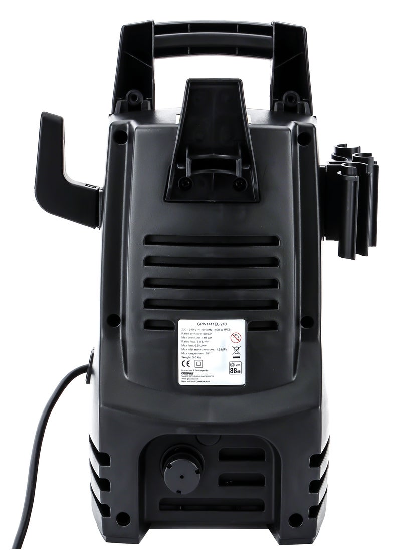 GEEPAS - Geepas 110 bar High Pressure Washer| Carbon Brush Motor 1400 W 6.5 L/min Maximum Flow| Includes Spray Gun with Adjustable Nozzle, 5 M  Cord and Hose| Removing All Type Dust Mud Dirt | GPW1411EL-240 - Image 1