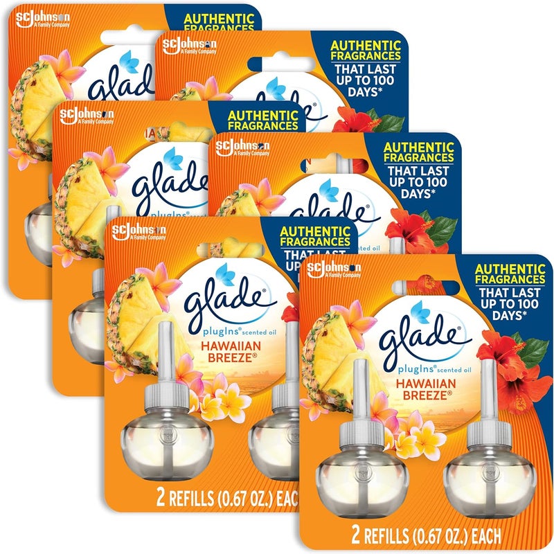 Glade PlugIns Scented Oil Air Freshener Refill, Hawaiian Breeze, 2 Refills (0.67 fl oz each), Pack of 6 - Image 1