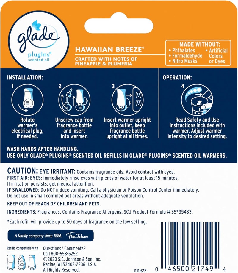Glade PlugIns Scented Oil Air Freshener Refill, Hawaiian Breeze, 2 Refills (0.67 fl oz each), Pack of 6 - Image 2