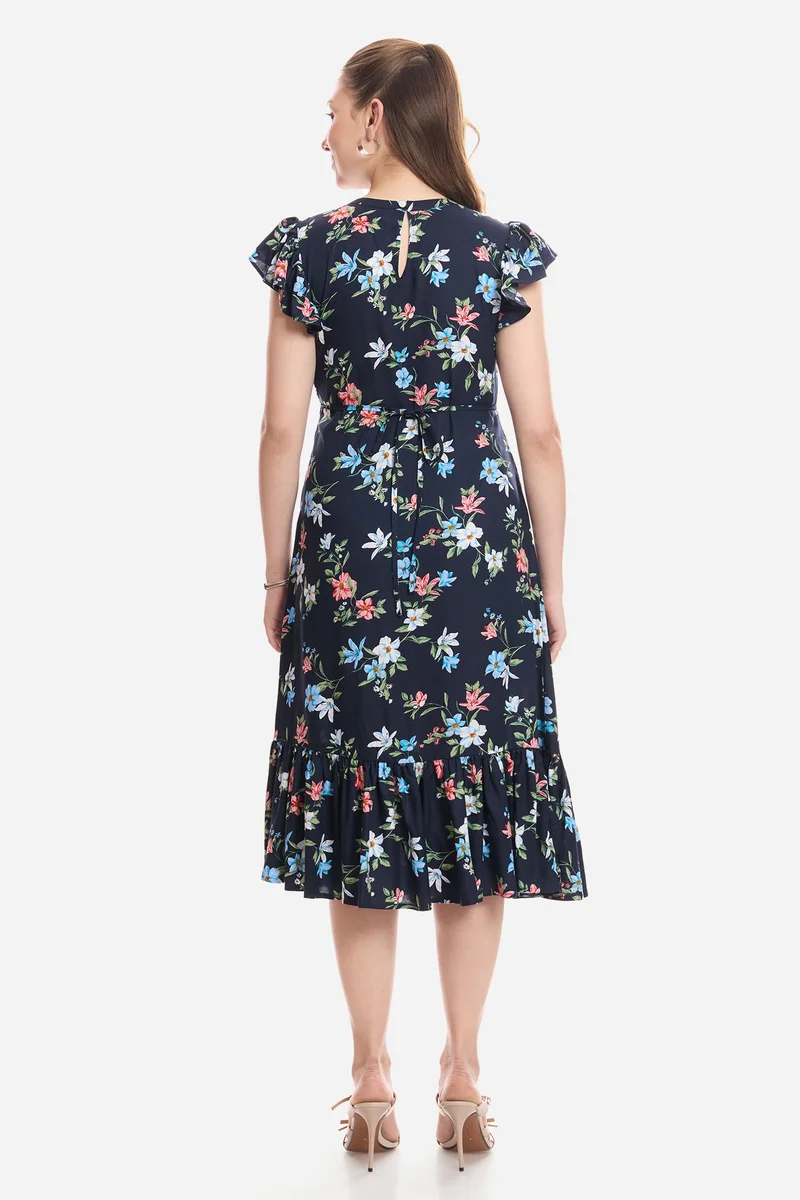 Virgio Floral Viscose Flutter Sleeve Midi Dress for Women