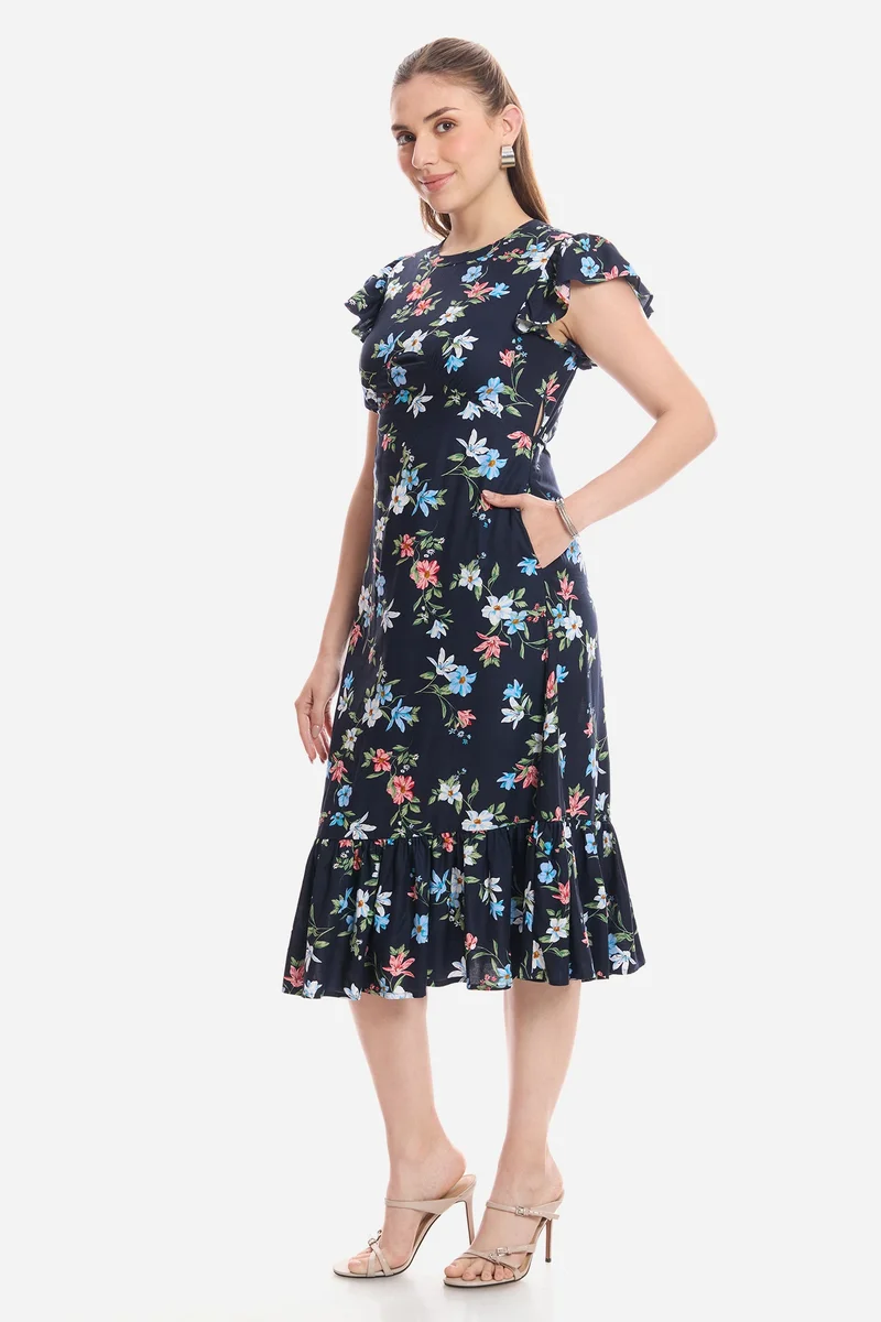 Virgio Navy Blue Floral Viscose Flutter Sleeve Midi Dress for Women for Women | Best Price UAE