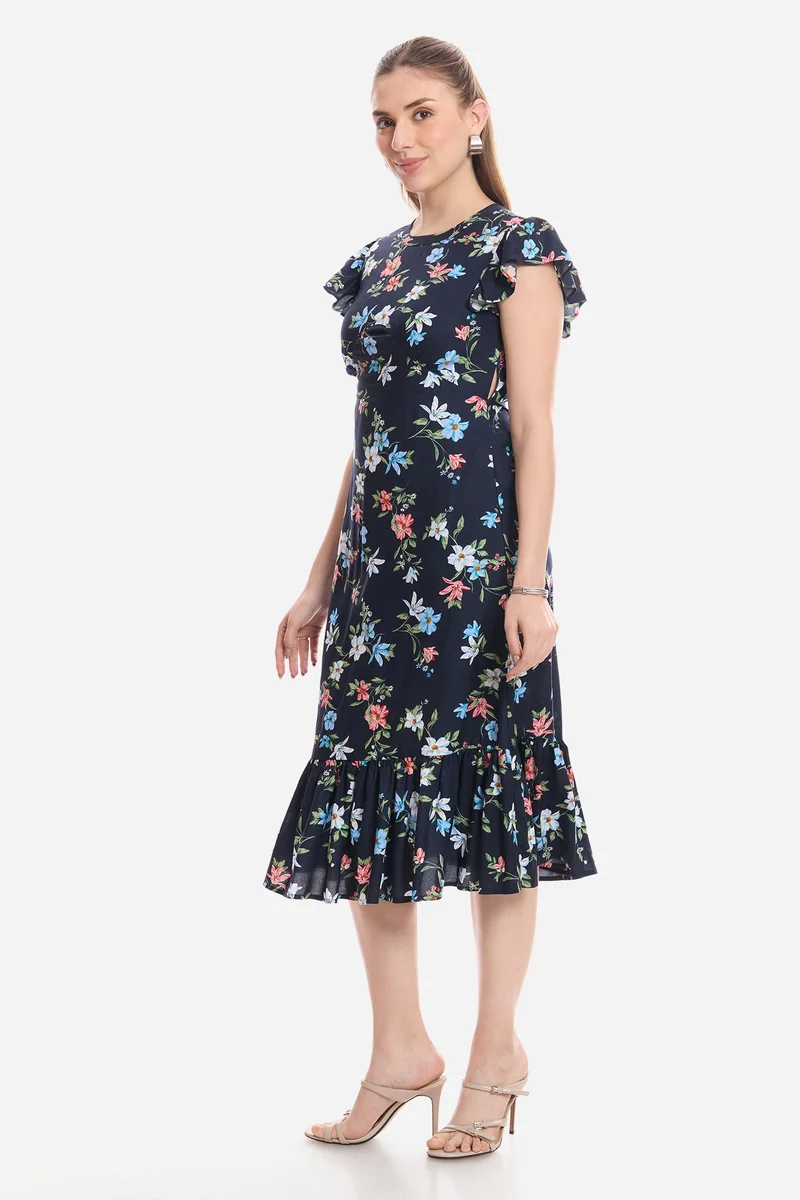 Virgio Navy Blue Floral Viscose Flutter Sleeve Midi Dress for Women for Women | Best Price UAE