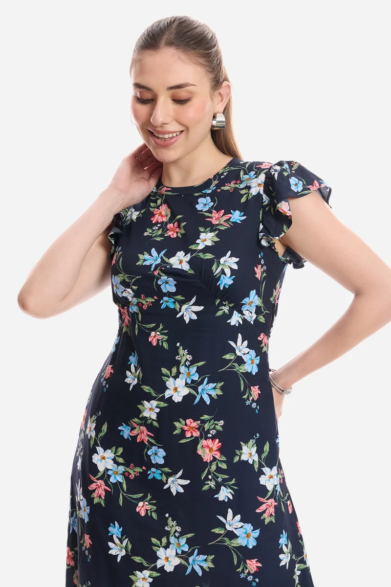 Virgio Navy Blue Floral Viscose Flutter Sleeve Midi Dress for Women for Women | Best Price UAE