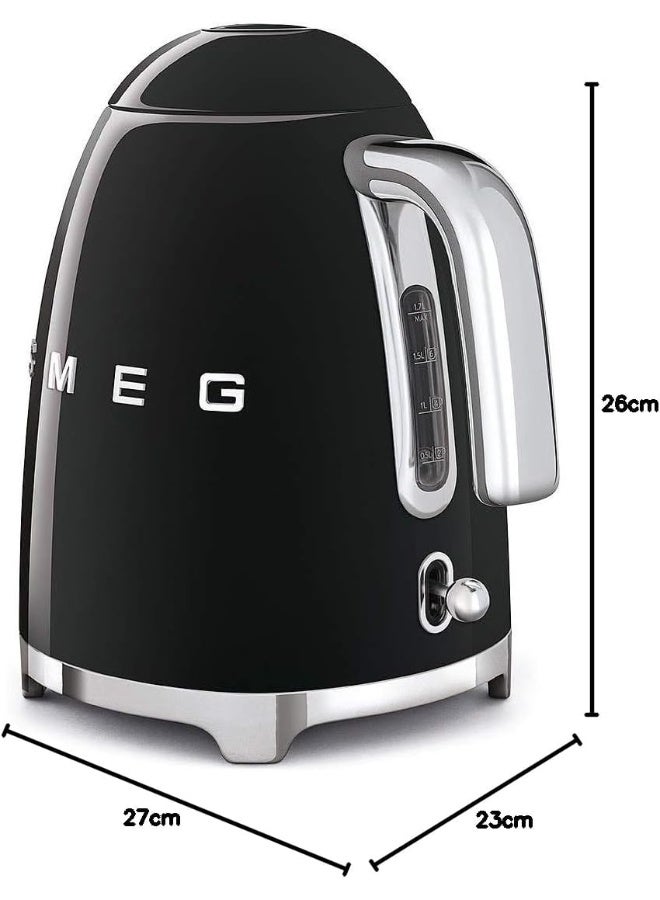 Smeg KLF03BLUK, 50's Retro Style Kettle, 1.7 L Capacity with Water Level Indicator, 360 Swivel Base, Anti-Slip Feet, Soft Opening Lid, Stainless Steel, Black 1.7 L 3000 W KLF03BLUK Black/Silver - Image 2
