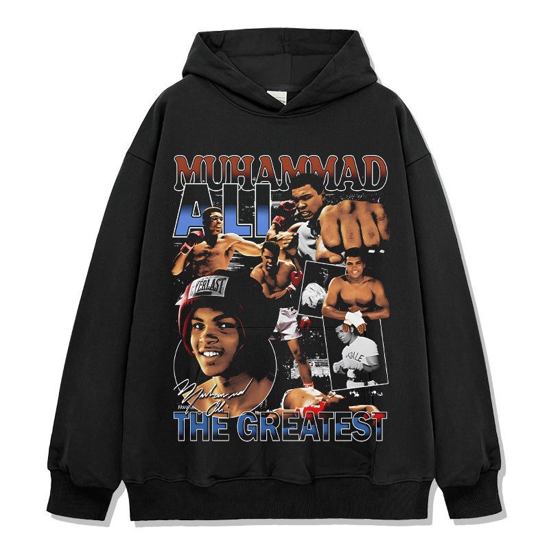 Cross-border American MuhammadAli Muhammad Ali Printed Short-sleeved T-shirt Heavy Long-sleeved Crewneck Hooded Sweatshirt Black Hooded Sweat