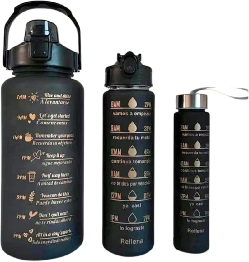 أدوات لاجونا | طقم من 3 قطع زجاجة رياضية تحفيزية، زجاجة رياضية خالية من مادة BPA، قارورة تحفيزية، سعة كبيرة، 2 لتر + 990 مل + 330 مل 3 قطع، أسود مع ذهبي، زجاجات للصالة الرياضية، ترمس للصالة الرياضية.