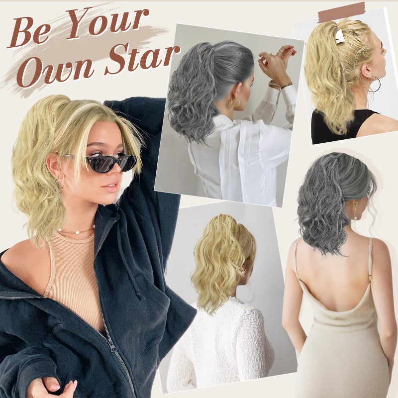 BARSDAR Claw Clip in Ponytail Extensions - 14 Inch Short Wavy Ponytail Hair Extensions for Women - Gray Ponytail Synthetic Claw Clip in Pony Tails Hairpieces - Black & Gray Mixed - Image 5